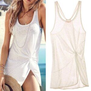 VICTORIA'S SECRET VS Knotted Tank Cover Up / Tunic Top White Crochet Sheer Boho